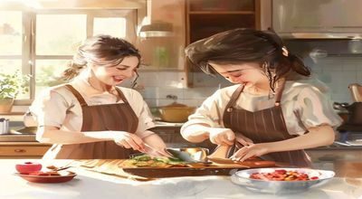 继母与继女在厨房一起做饭，继母耐心指导继女切菜，两人表情放松，厨房灯光温暖，象征重组家庭中日常相处的温馨时刻