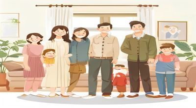 重组家庭全家福场景，继母继父站在中间，继姐和继弟各站一侧，所有人表情自然微笑，背景是家庭客厅，画面温馨真实